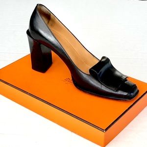 Hermès Black Leather Foldover Front Heels